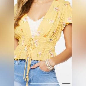 Forever 21 Yellow Plunging Floral Print Top
